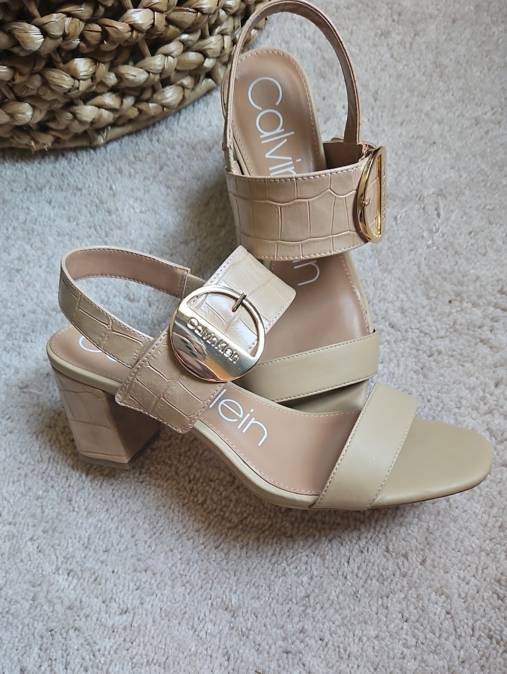 Calvin Klein Nude Croc-Embossed Slingback Block Heels with Gold Buckle